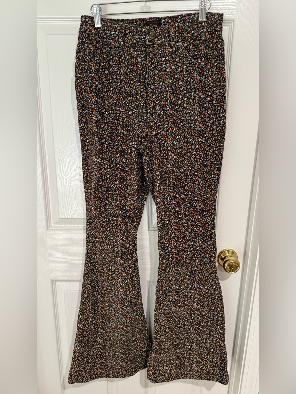 Lee Black Floral Bell Bottom Corduroy Pants with Orange & White Ditsy Print